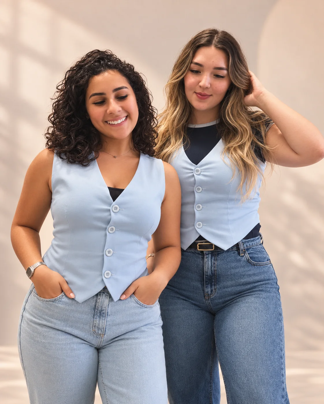 Júlia e Sol lado a lado, sorrindo, com coletes azul-claro