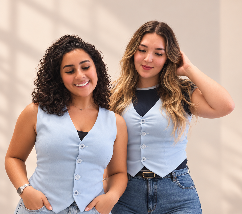 Júlia e Sol, profissionais do JS Studio, lado a lado com coletes azul-claro e jeans